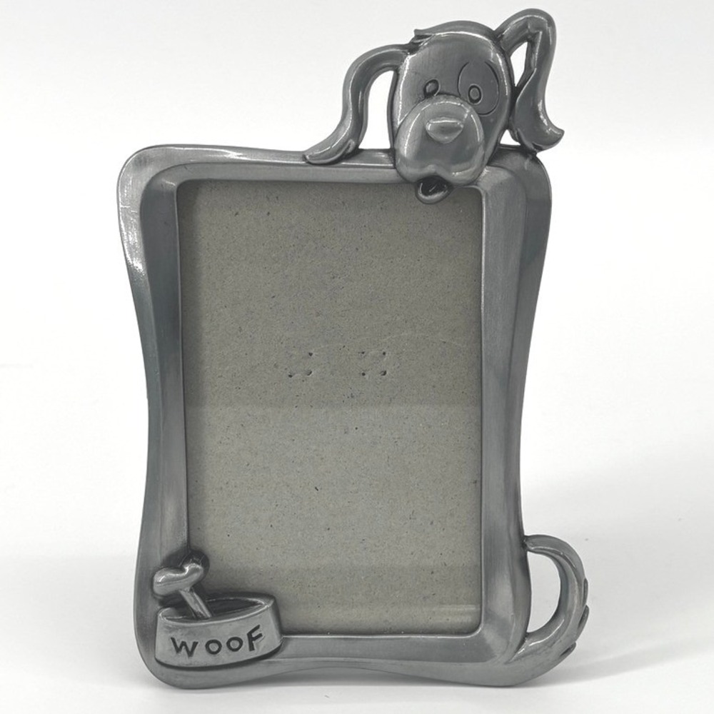 WOOF Doggie Picture Frame Pewter Tone Photo Frame Puppy Bone Desk Tabletop Decor